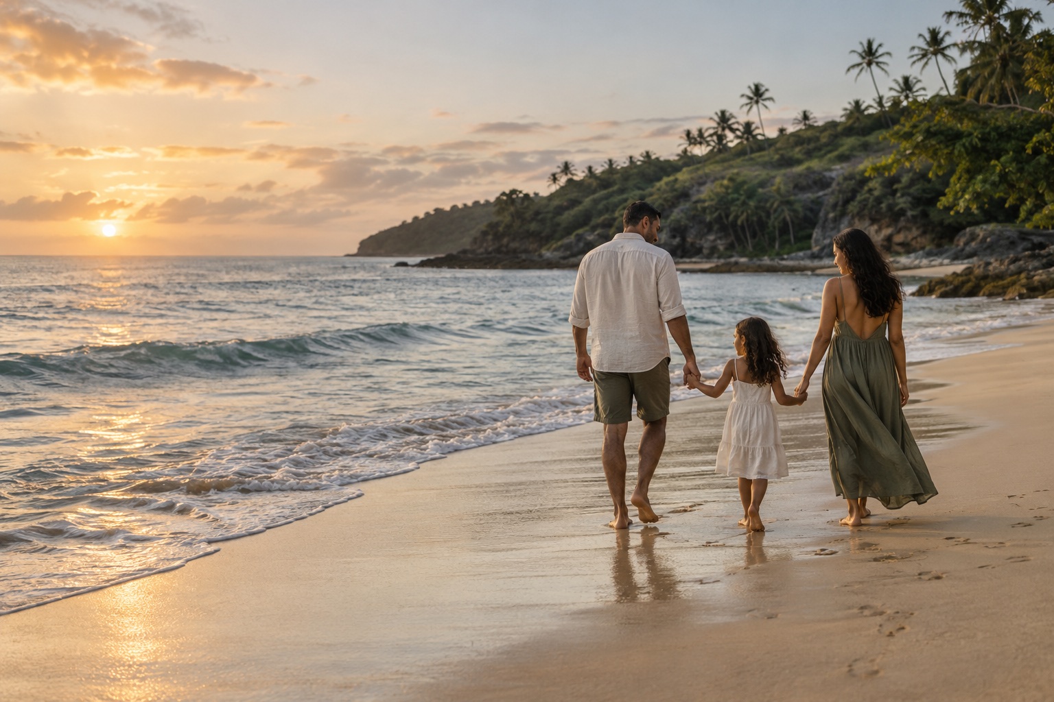Una familia camina junto al mar al amanecer; imagen editorial de ambientación.